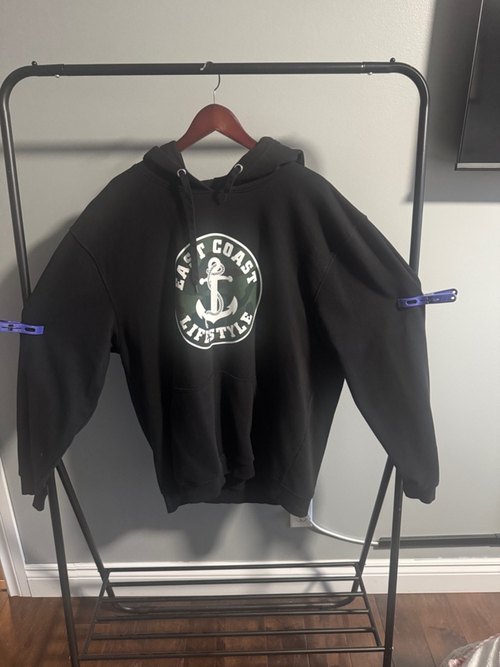 East Coast Lifestyle Black Pullover Hoodie with Anchor Emblem